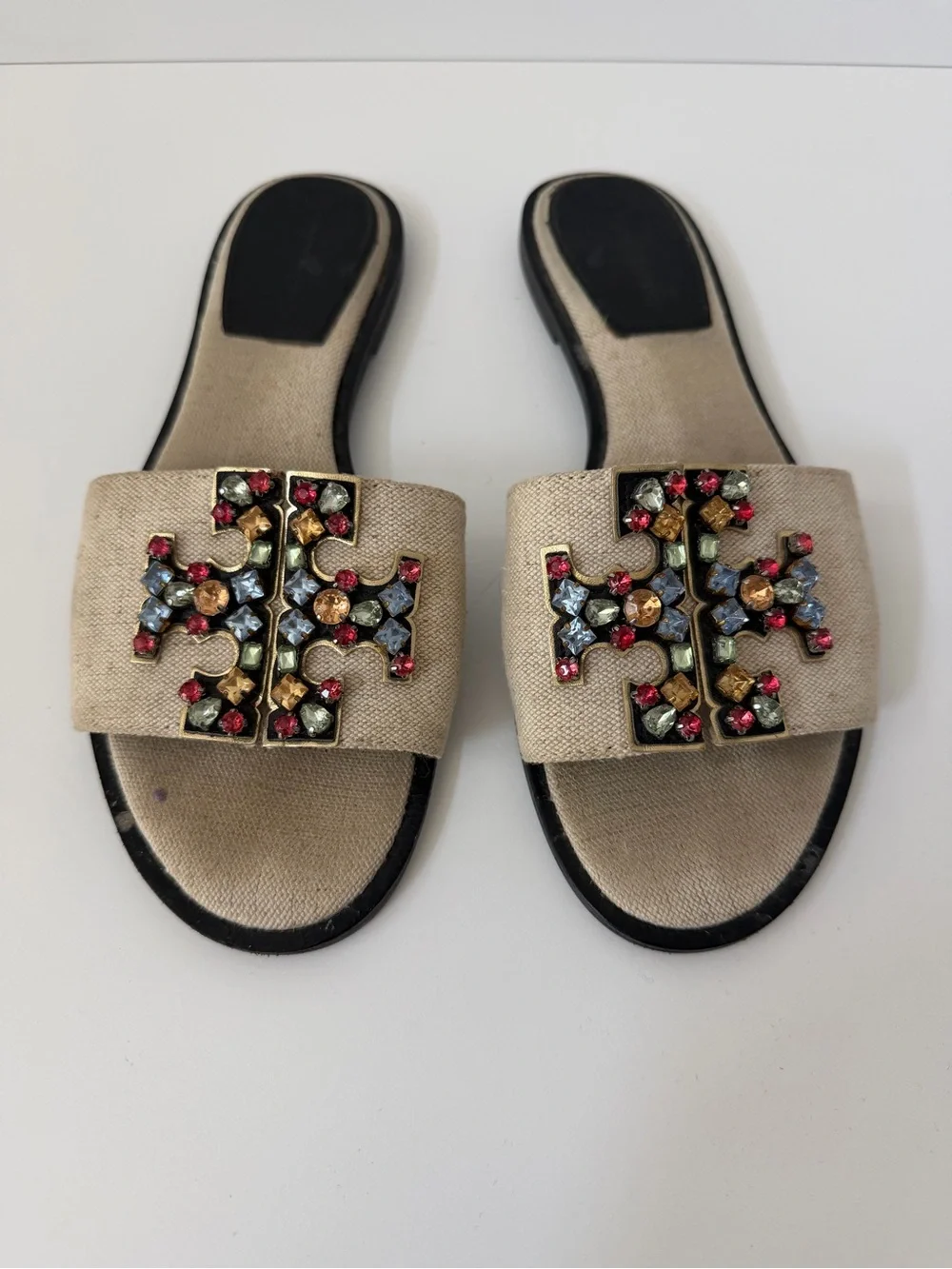 Tory Burch 10mm Ines Embellished Linen Slides in Neutral, Size 7